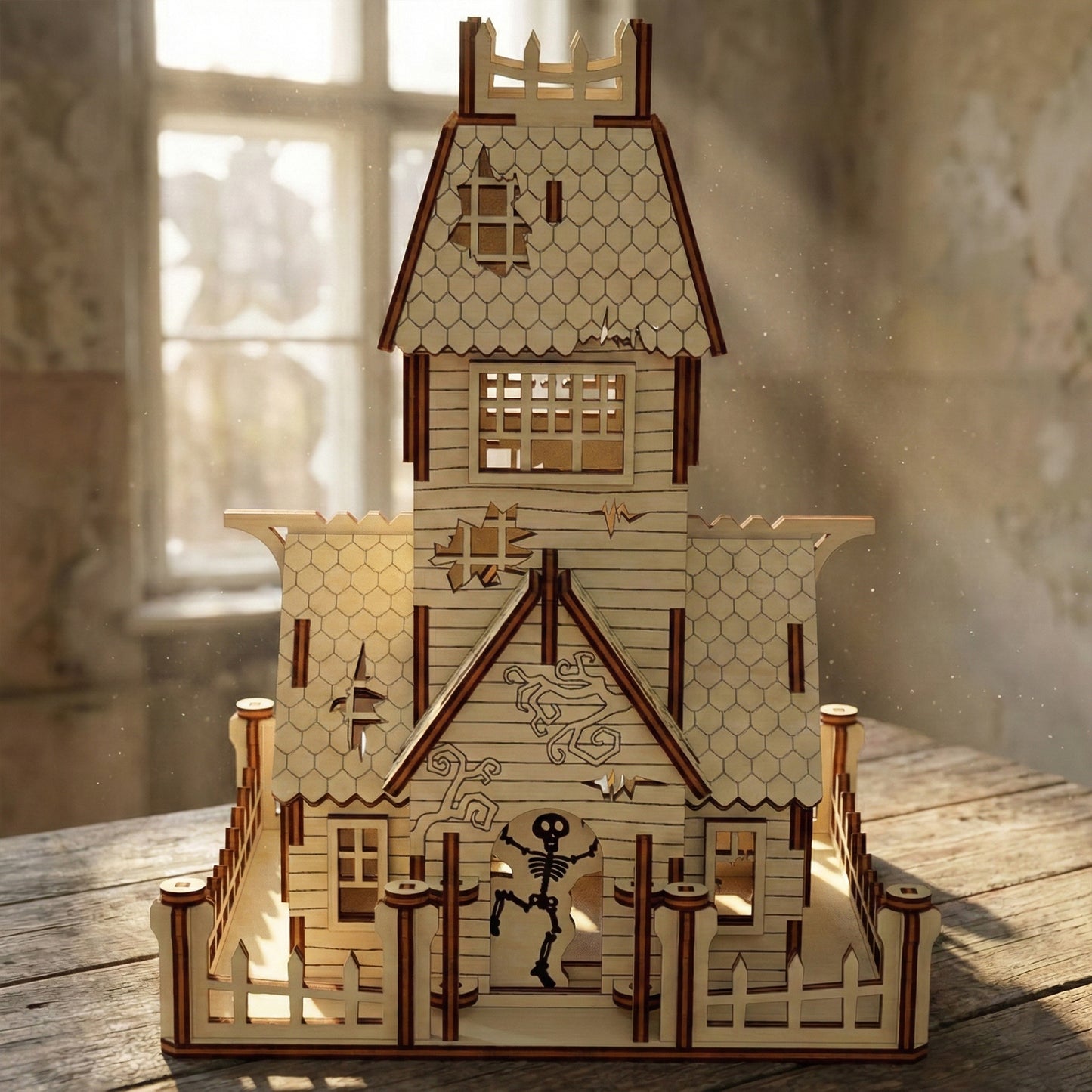 Front view of a laser cut plywood abandoned house featuring a playful skeleton figure in the doorway. The model includes etched vine details on the walls, a crumbling roof aesthetic, and a tall tower, perfect for Halloween decor.