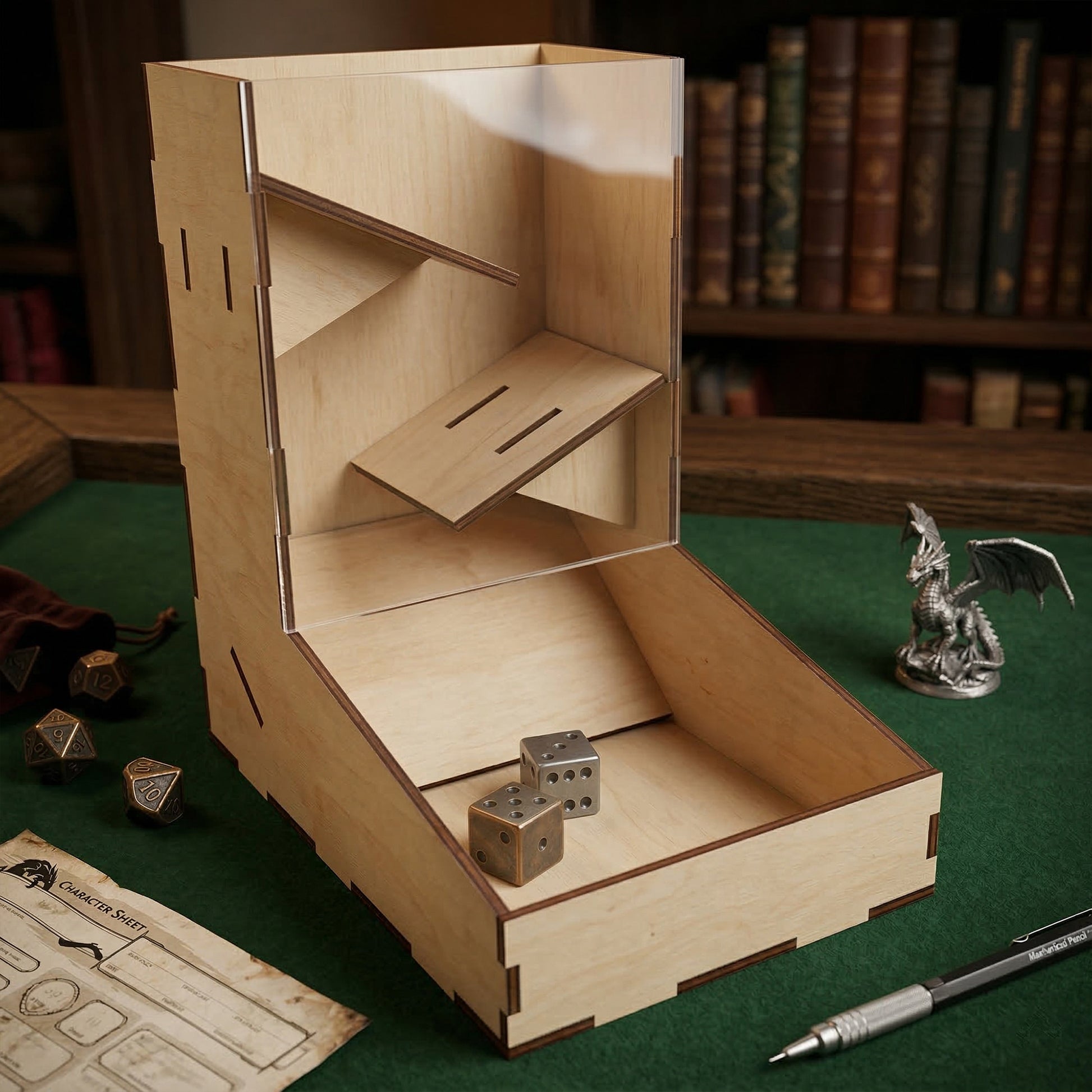 A hybrid dice tower made of laser cut plywood and clear acrylic, showing three internal rolling ramps. Two dice rest in the landing tray. Set on a green gaming mat with a character sheet and dragon figurine. Natural wood grain with burnt edges.