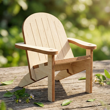 Detailed miniature laser cut plywood Adirondack chair with wood grain layers on a rustic wooden table in sunny daylight