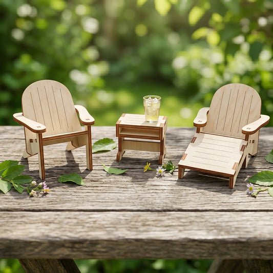 Miniature laser cut plywood Adirondack chair set with a lounge chair and side table on a rustic deck in a sunny garden