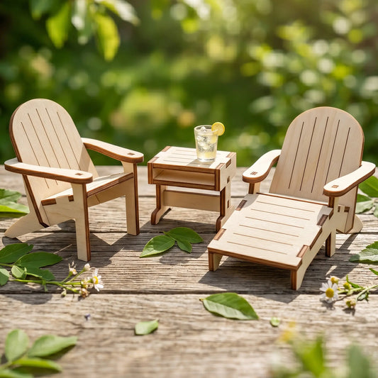 Set of miniature laser cut plywood Adirondack chairs and side table with a tiny lemon drink on a rustic outdoor deck