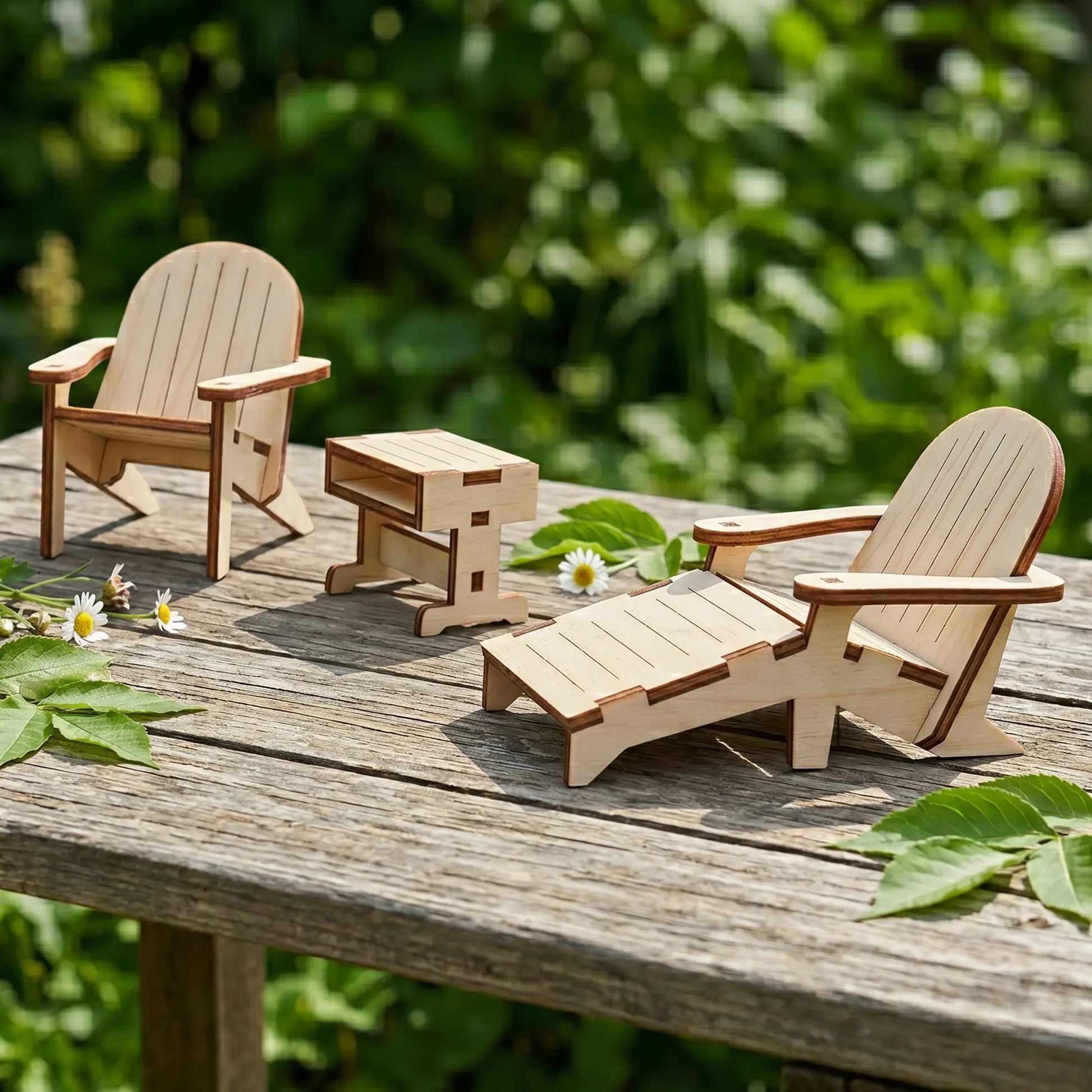 Miniature laser cut plywood garden furniture set with two Adirondack chairs and a side table on a rustic wooden surface