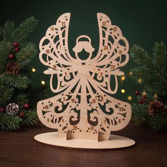 Empty laser cut plywood angel advent calendar stand with numbered lollipop holes framed by pine branches.