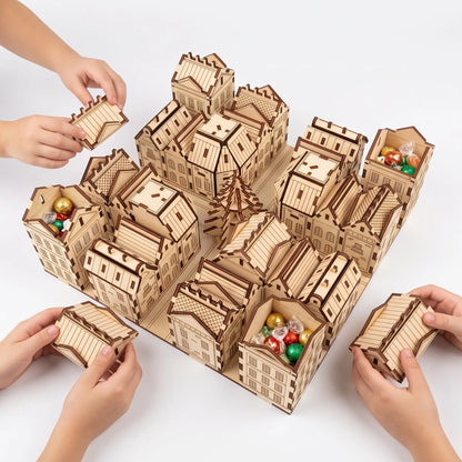 Children opening laser cut plywood advent calendar city boxes filled with wrapped sweets on a seamless white background.