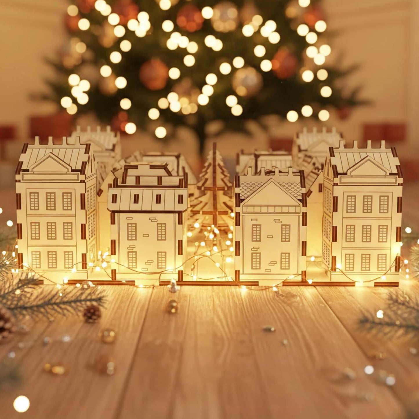 
Wooden laser cut Advent Calendar City featuring a row of illuminated European-style houses with detailed windows and roofs, glowing warmly against a blurred Christmas tree background.