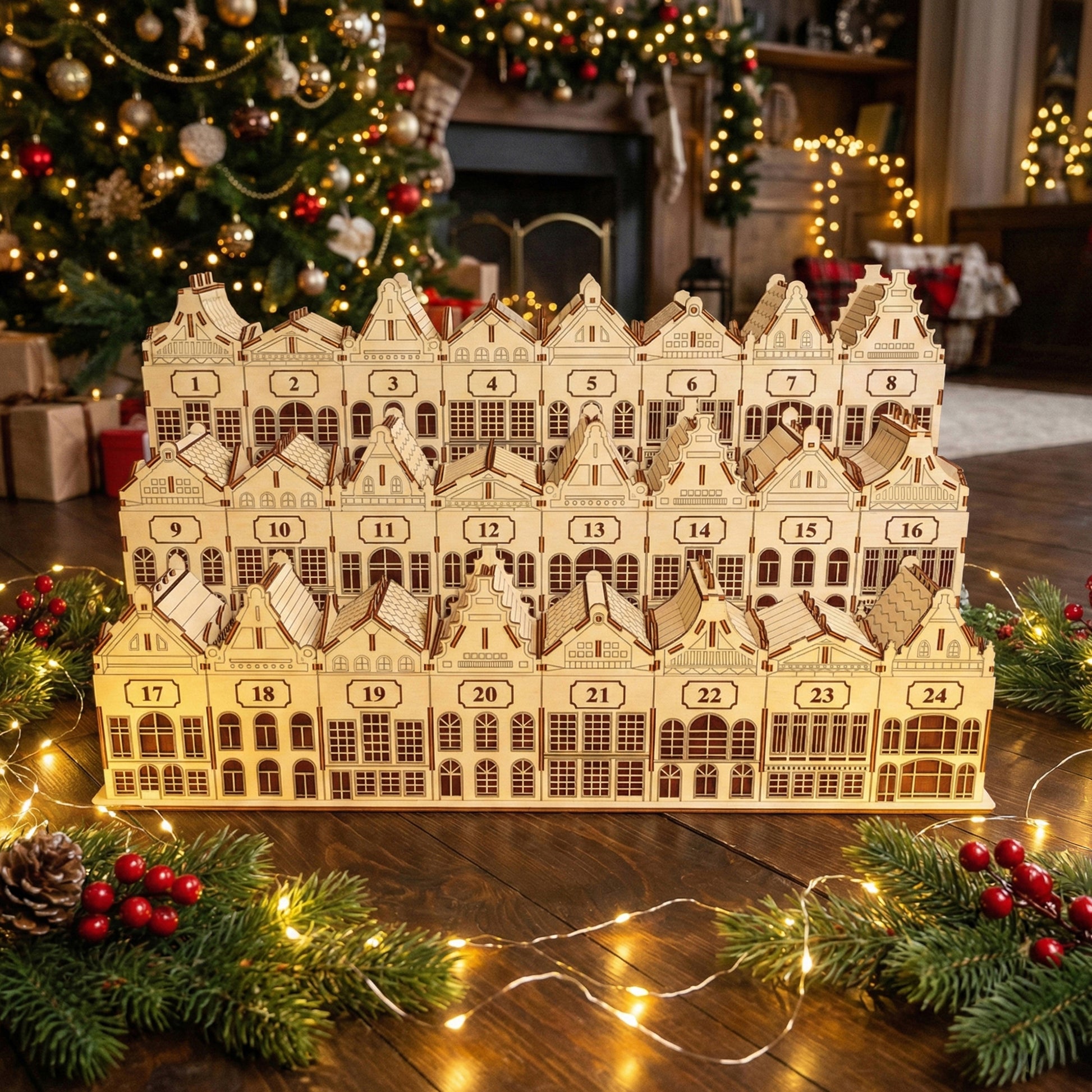 Intricate laser cut wooden Advent Calendar Town composed of charming European-style buildings numbered 1 to 24 for daily surprises, shown in front of a twinkling holiday tree background.