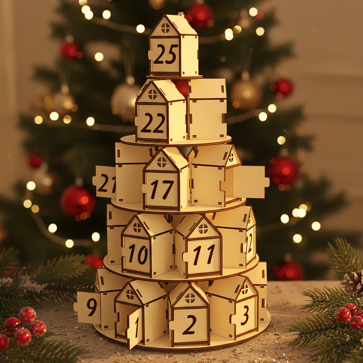 Laser cut wooden Advent Christmas Tree Calendar shaped as a tiered village with 25 numbered house drawers for daily surprises, displayed against a warm Christmas tree bokeh background.
