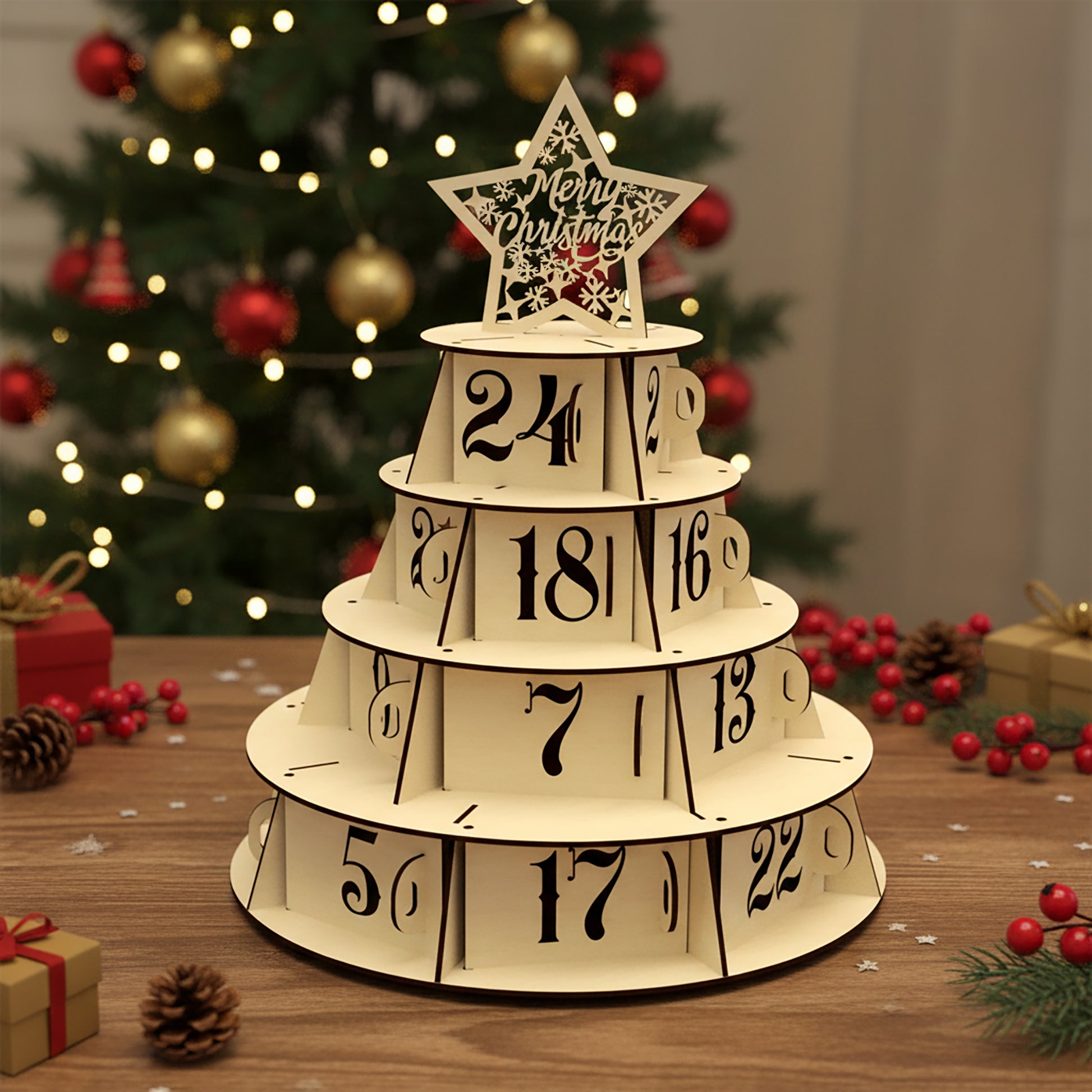 Tiered laser cut Advent Xmas calendar tree featuring daily countdown numbers on spinning sections topped with a festive star, set against a cozy Christmas tree lights background.