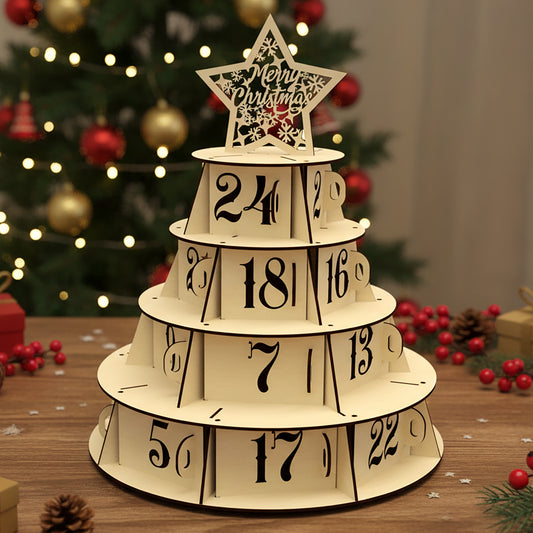 Laser cut wooden Advent Xmas calendar tree with 24 numbered rotating panels and a "Merry Christmas" star topper, displayed against a warm blurred Christmas tree bokeh background.