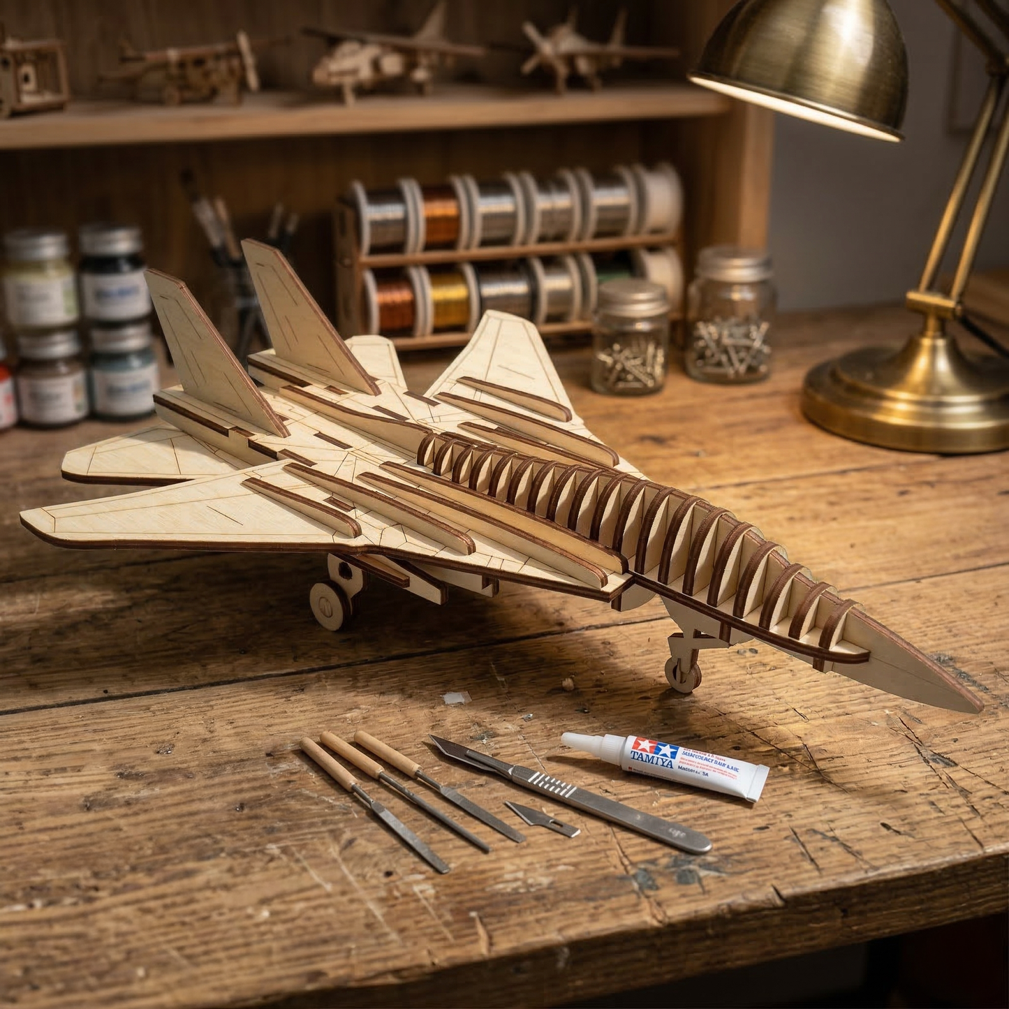 Wooden laser cut model airplane on a wooden workbench with tools and paint supplies.