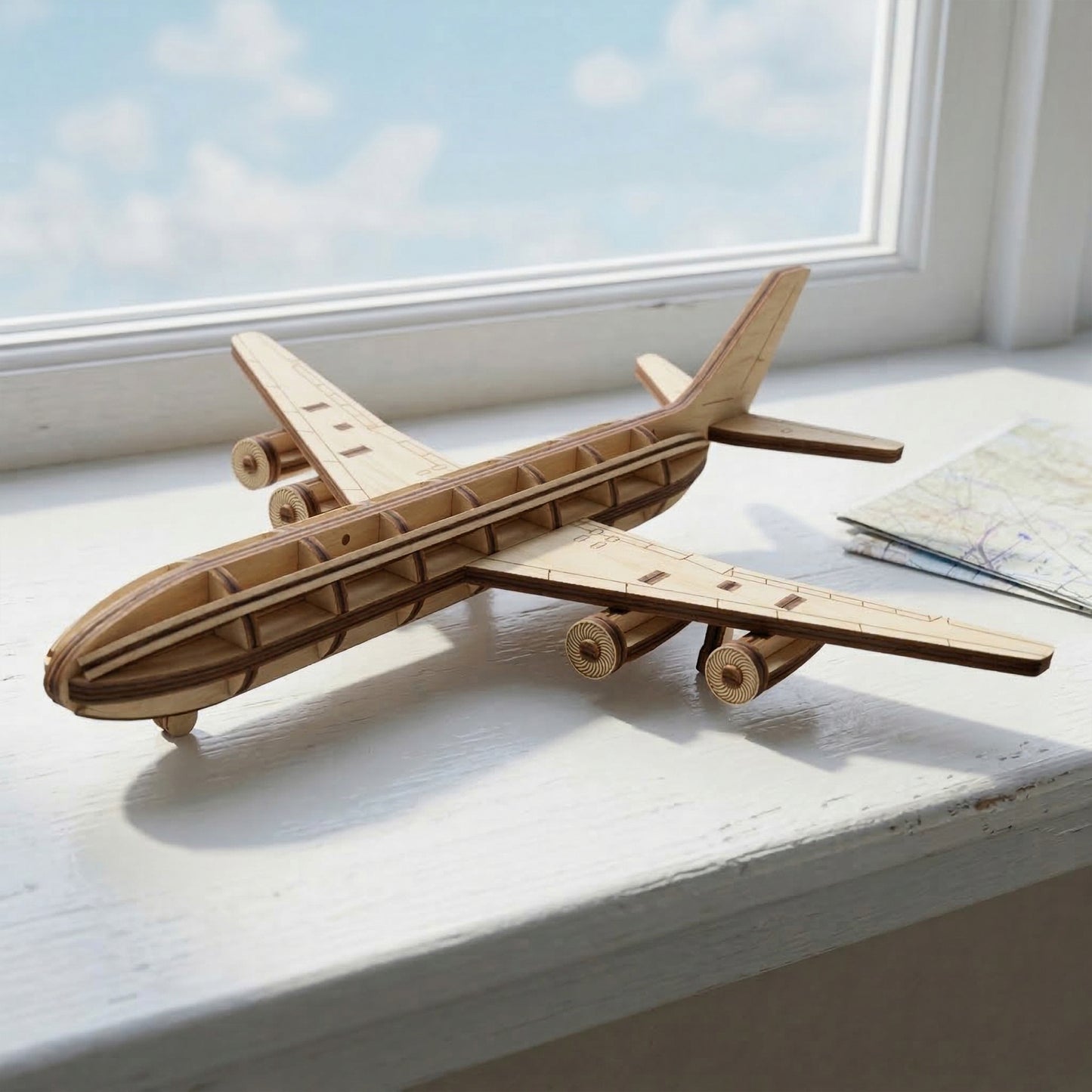 A 3D laser cut plywood airplane model on a white windowsill next to a map. The model features a unique ribbed skeleton fuselage, four engines under the wings, and a tail fin. Handcrafted wooden toy with natural grain and dark laser-burnt edges.