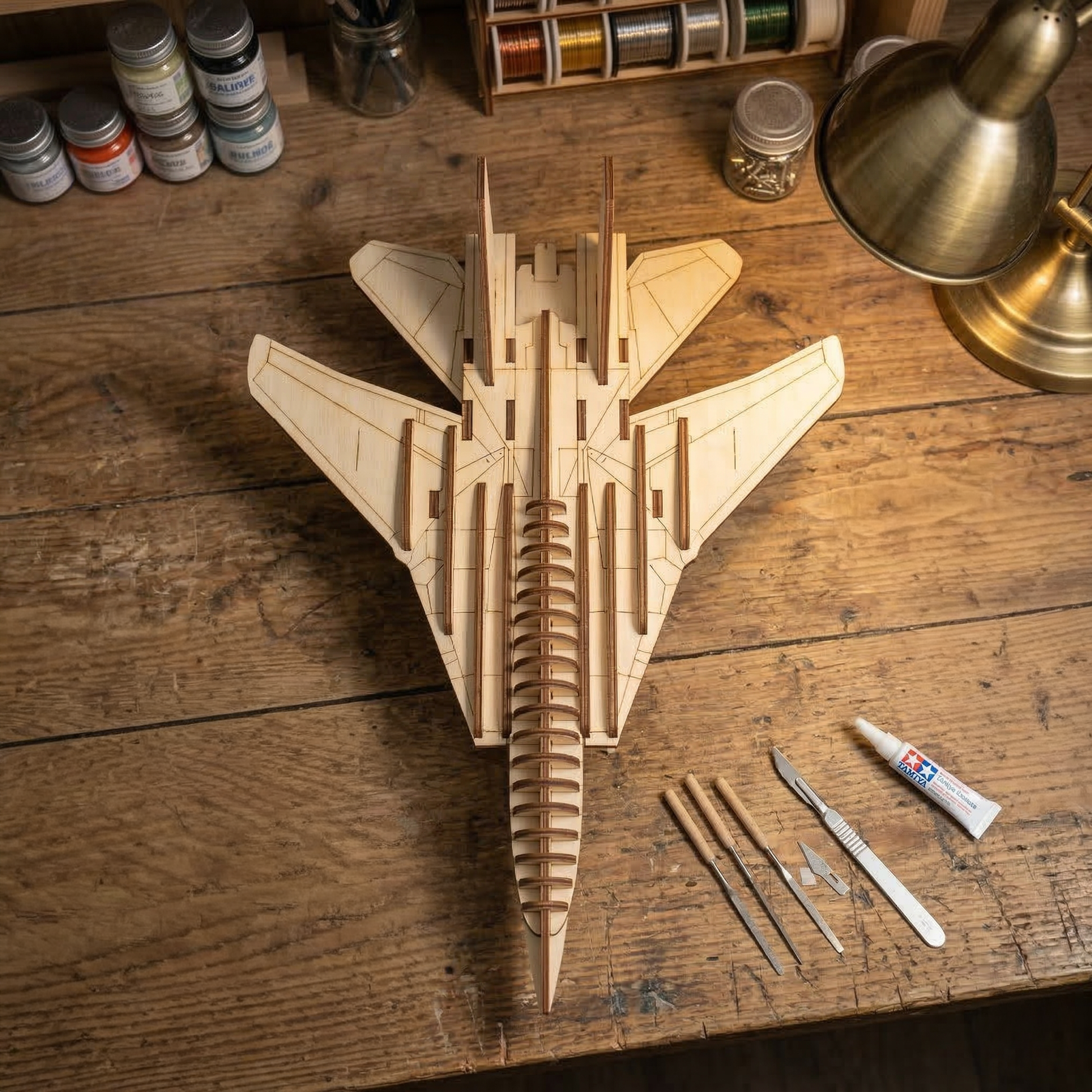 Wooden laser cut model airplane on a wooden table with tools and paint supplies.