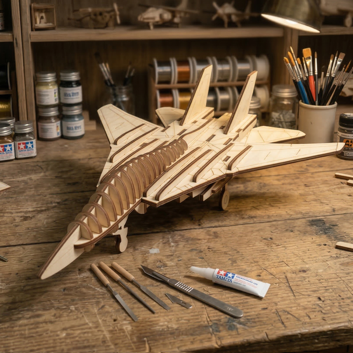 Wooden laser cut model airplane kit on a workbench with tools and paint supplies