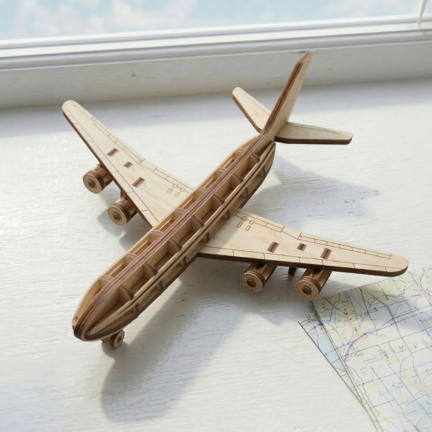 laser cut airplane model on a light surface with a map in the background