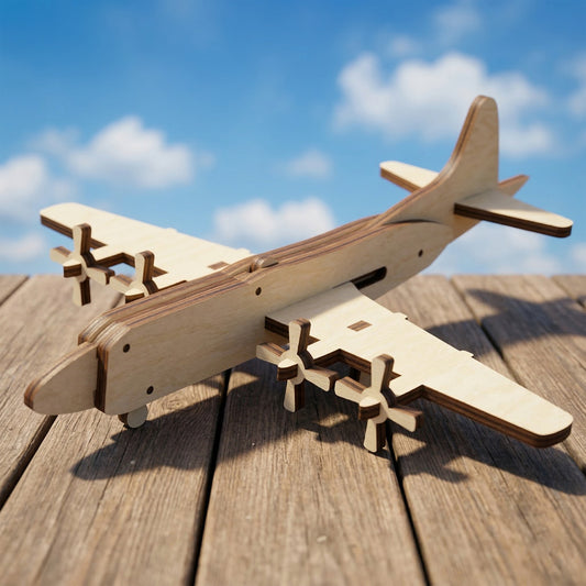 A completed miniature 4-engine propeller airplane made of laser cut plywood. The model rests on a wooden deck under a blue sky, featuring a high-wing design, tail fin, and natural wood grain with dark, burnt edges.
