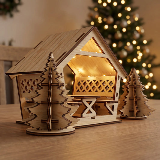 Illuminated laser cut plywood miniature alcove with fairy lights and slotted pine trees in front of blurred Christmas tree.