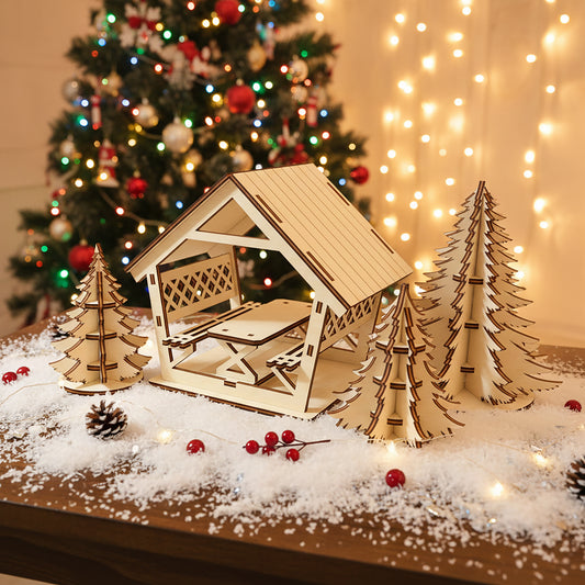 Intricate laser cut Alcove with Christmas trees set including an open pavilion, bench and pair of layered pine trees, set against a warm festive Christmas tree glow background.
