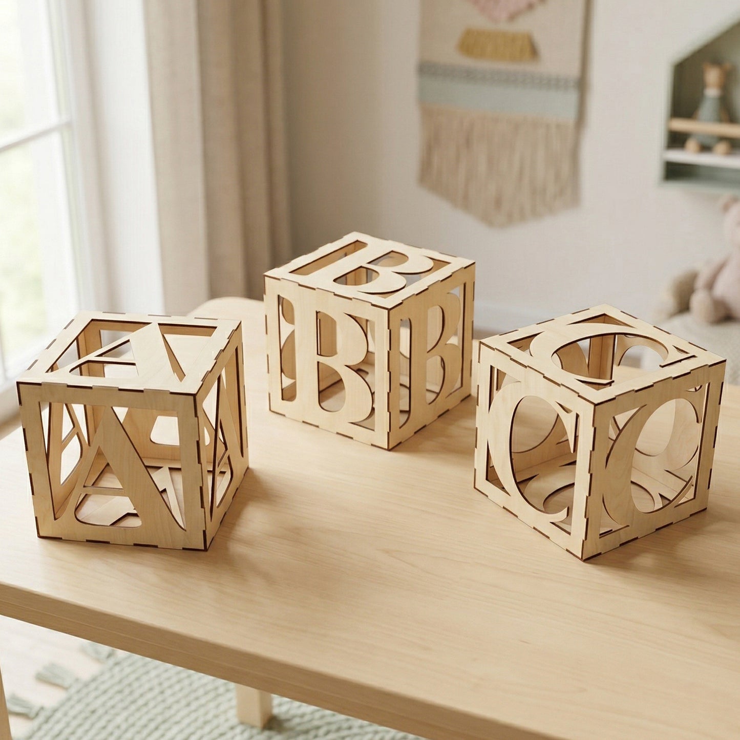 Set of laser-cut wooden alphabet blocks showing letters A, B, and C. Handcrafted from light-colored plywood with dark burnt edges and a modern hollow design. Displayed on a wooden child's table in a minimalist playroom.