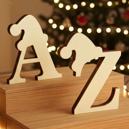 Wooden laser cut Alphabet in the Hat letters A and Z topped with Santa hats, designed as freestanding Christmas monogram decor, shown against a softly blurred Christmas tree background.