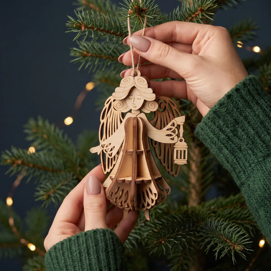 Hands hold 3D laser cut plywood Christmas angel ornament with slotted skirt and lantern beside tree branches