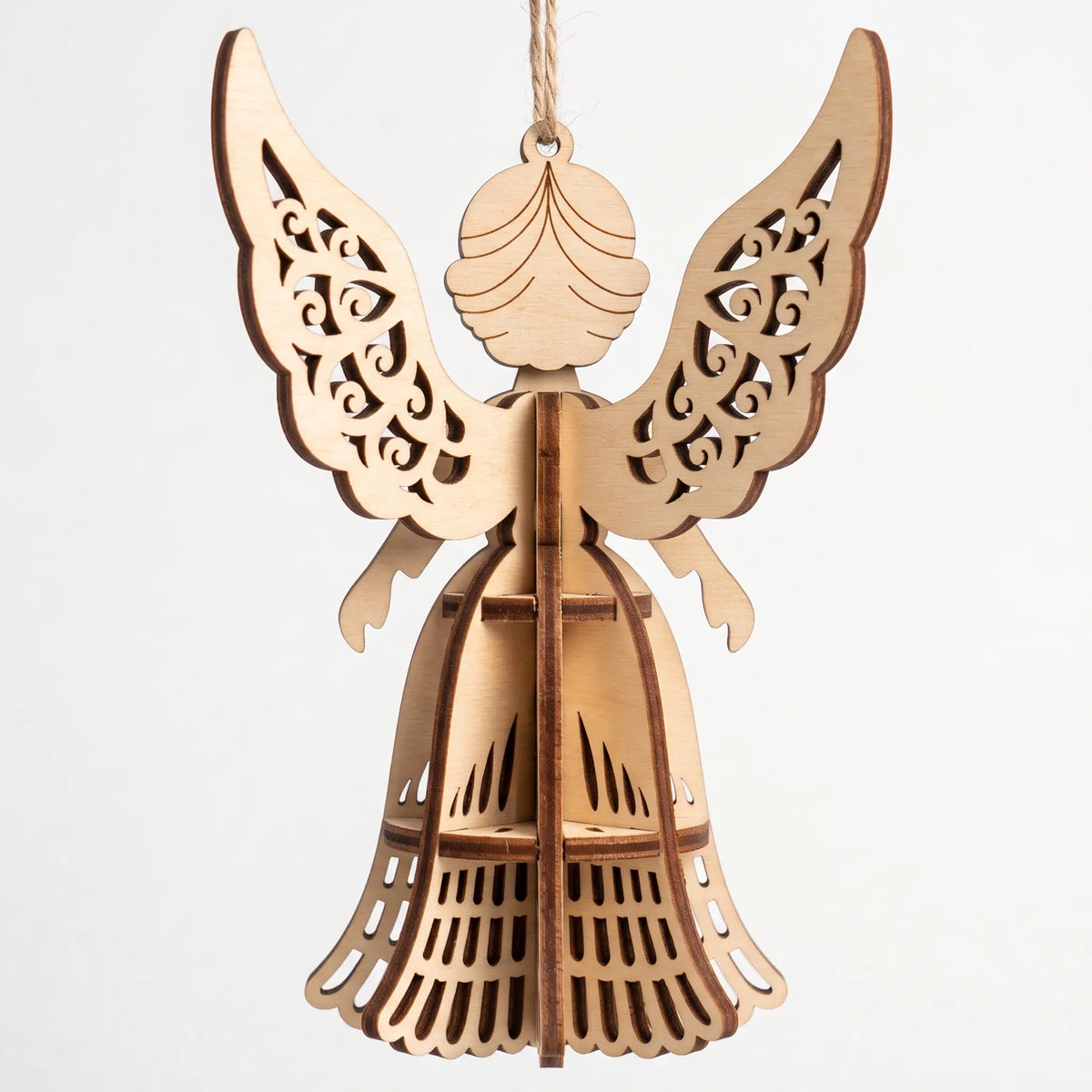 Back view of 3D laser cut plywood angel ornament showing carved filigree wings and slotted gown against white background.