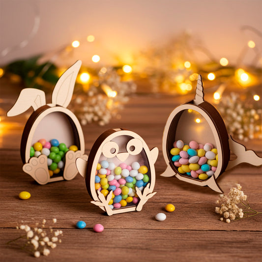 Laser cut plywood wooden animals coin bank or candy box, filled with colorful pastel Easter chocolate eggs, sitting on a rustic table with soft, golden fairy lights and baby's breath flowers in the warm background.