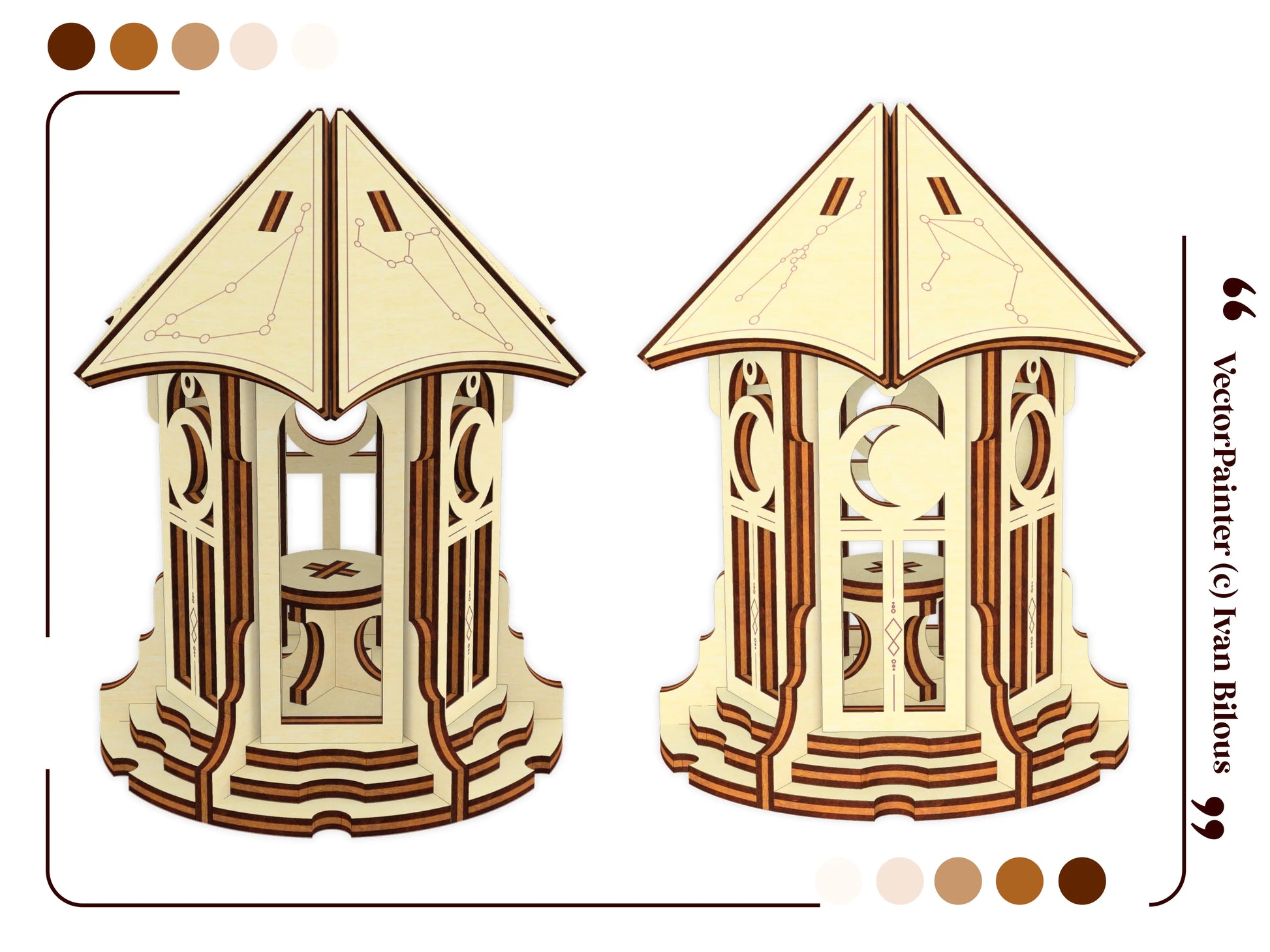 Rear views of a laser cut plywood astronomical gazebo model detailing the open arched entryways and small inner table.