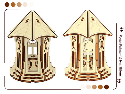 Rear views of a laser cut plywood astronomical gazebo model detailing the open arched entryways and small inner table.