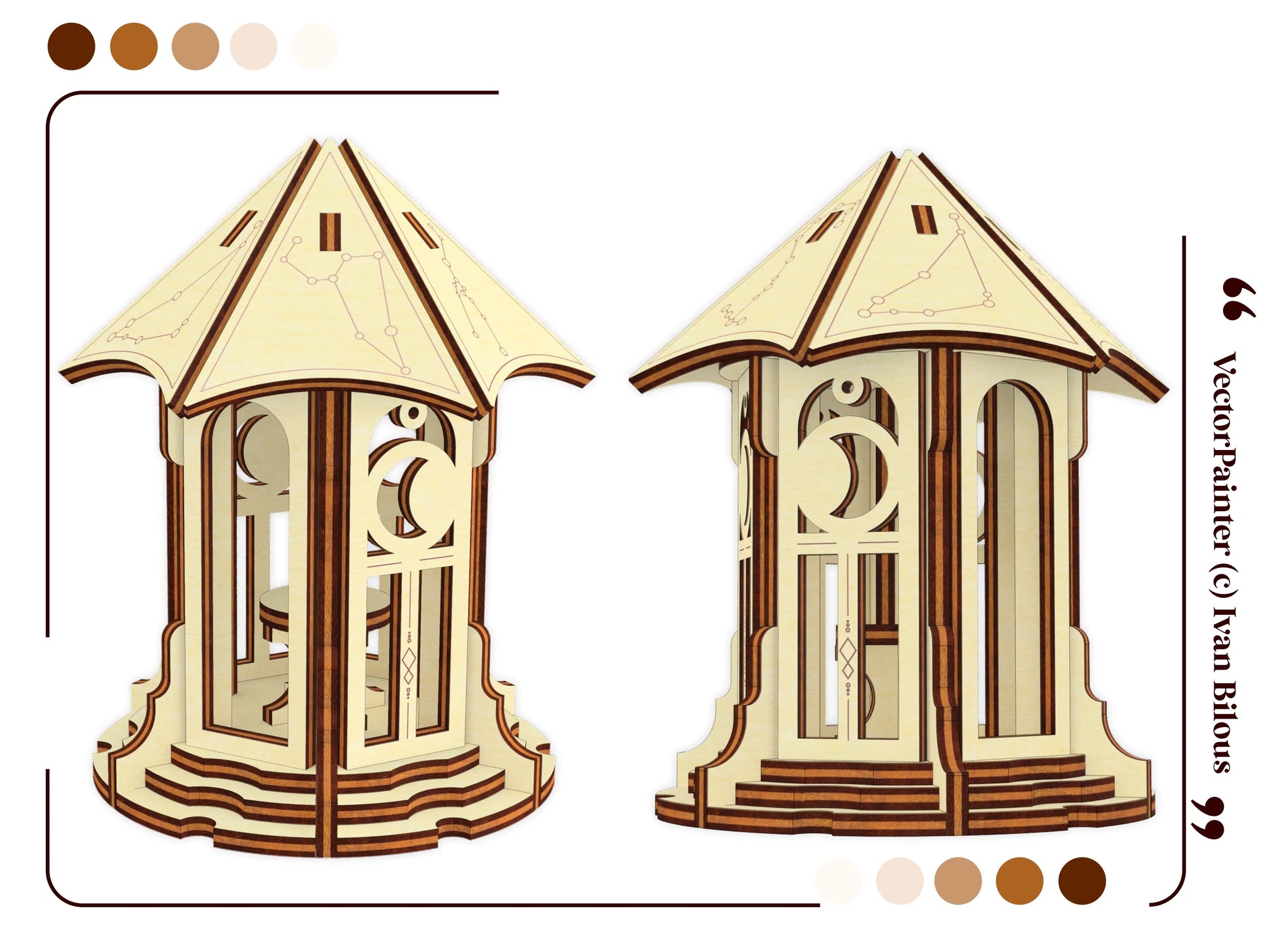Two views of assembled laser cut plywood astronomical gazebo showing crescent moon window panels and engraved star roof.