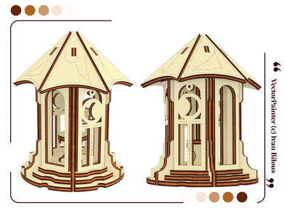 Two views of assembled laser cut plywood astronomical gazebo showing crescent moon window panels and engraved star roof.