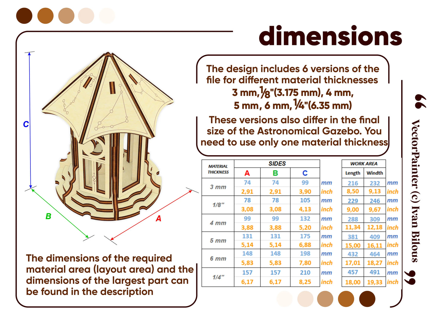 Size guide table for a laser cut plywood gazebo showing dimensions and work area options for various wood thicknesses.