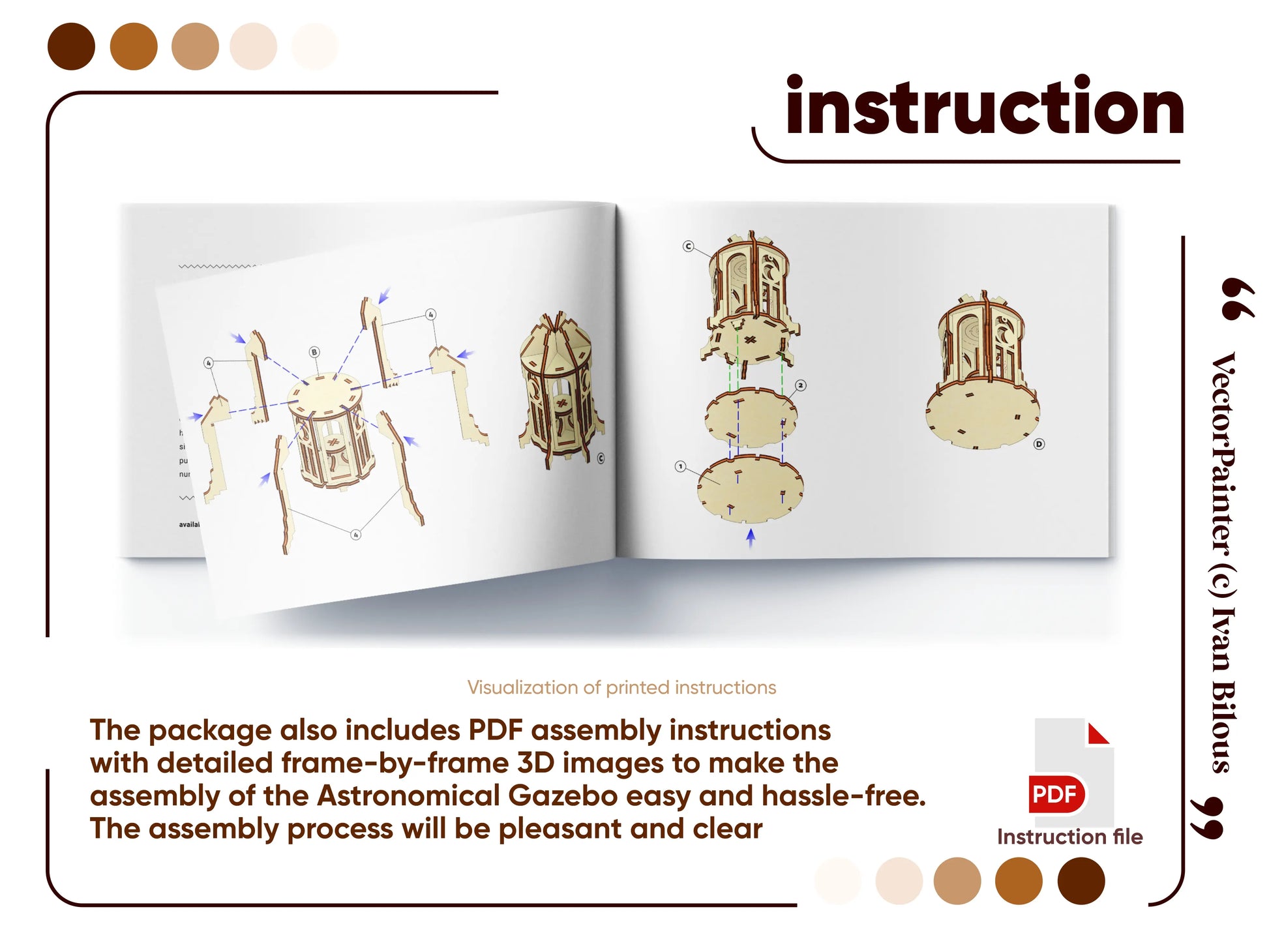 Assembly guide pages for a laser cut plywood astronomical gazebo model with detailed 3D frame-by-frame instruction steps.