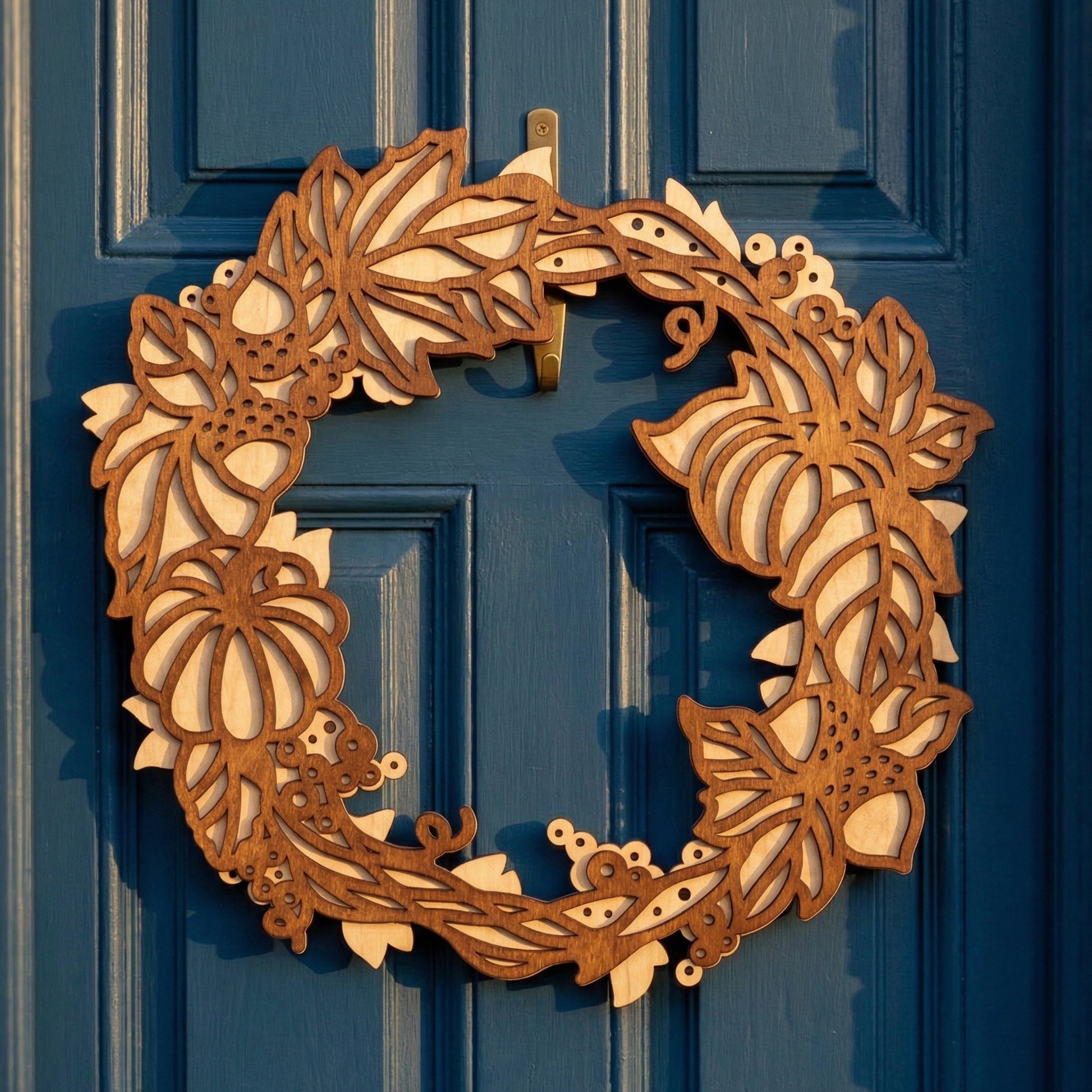 A handcrafted 3D layered laser-cut plywood wreath featuring an autumn theme of pumpkins and oak leaves. The design uses contrasting light and dark brown wood layers to create depth. Posed hanging on a blue paneled door in warm sunlight, showcasing the natural wood texture and intricate detail.