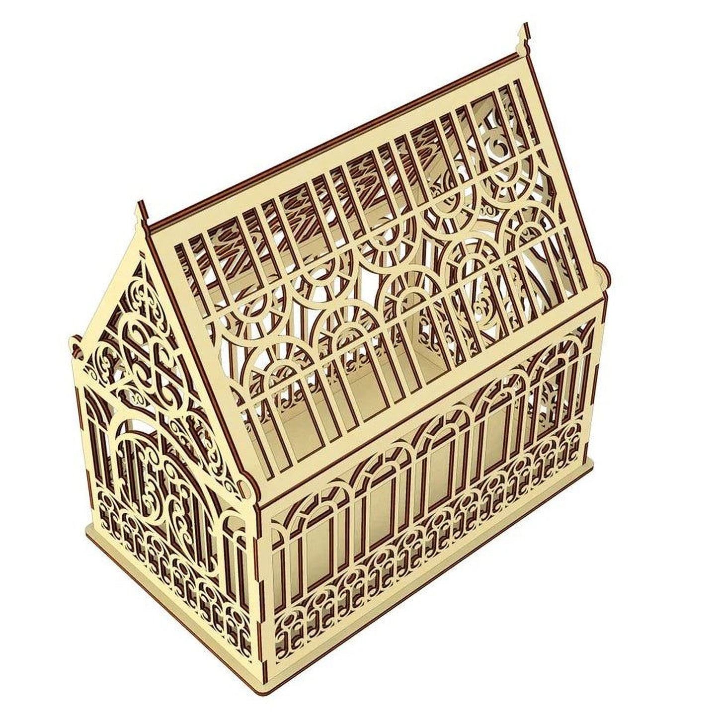 A wooden birdcage with intricate, decorative patterns and designs.