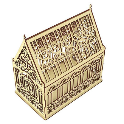 A wooden birdcage with intricate, decorative patterns and designs.