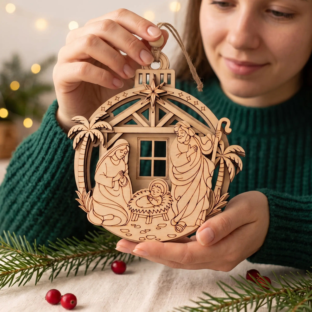 Woman holds layered laser cut plywood nativity ornament over festive table with pine twigs, berries, and warm lights.