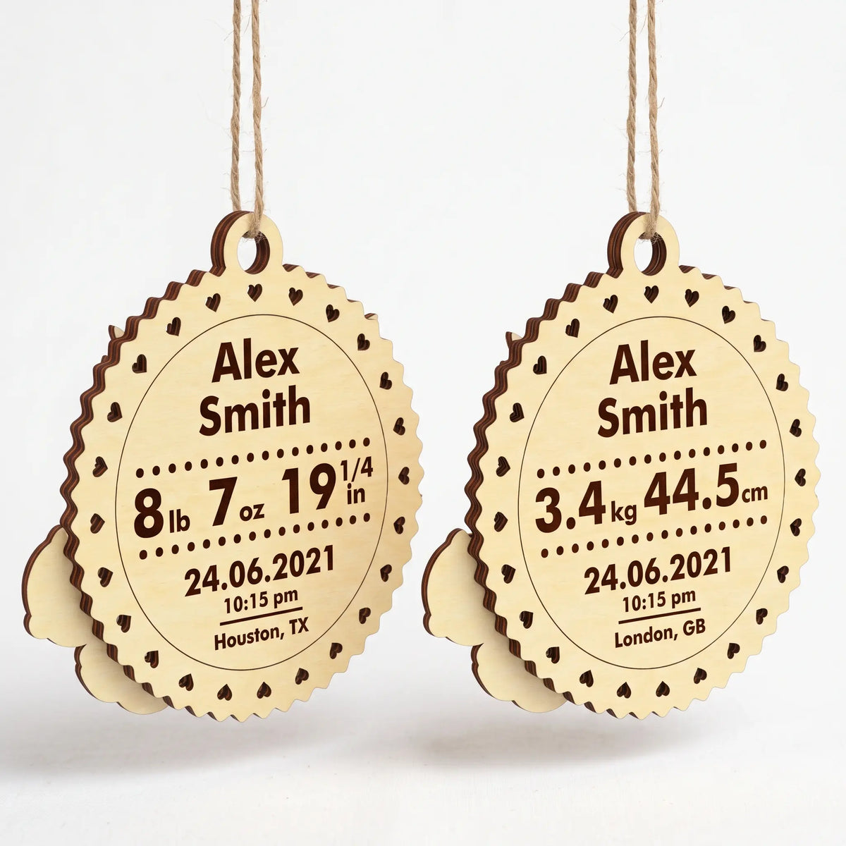 Back view of laser cut plywood baby birth stats plaque ornament with custom engraved weight, height, date, and birth time.