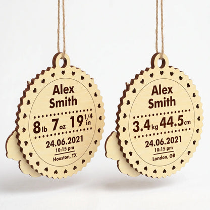 Back view of laser cut plywood baby birth stats plaque ornament with custom engraved weight, height, date, and birth time.