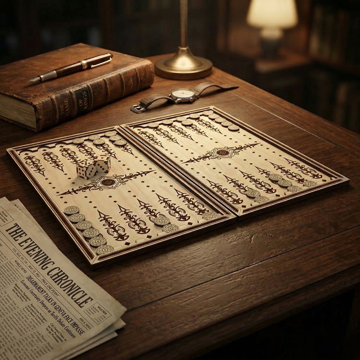 Perspective view of an open laser cut plywood backgammon set. Intricate filigree engravings decorate the playing surface. Set in a classic study environment with a vintage newspaper, desk lamp, and leather-bound books.