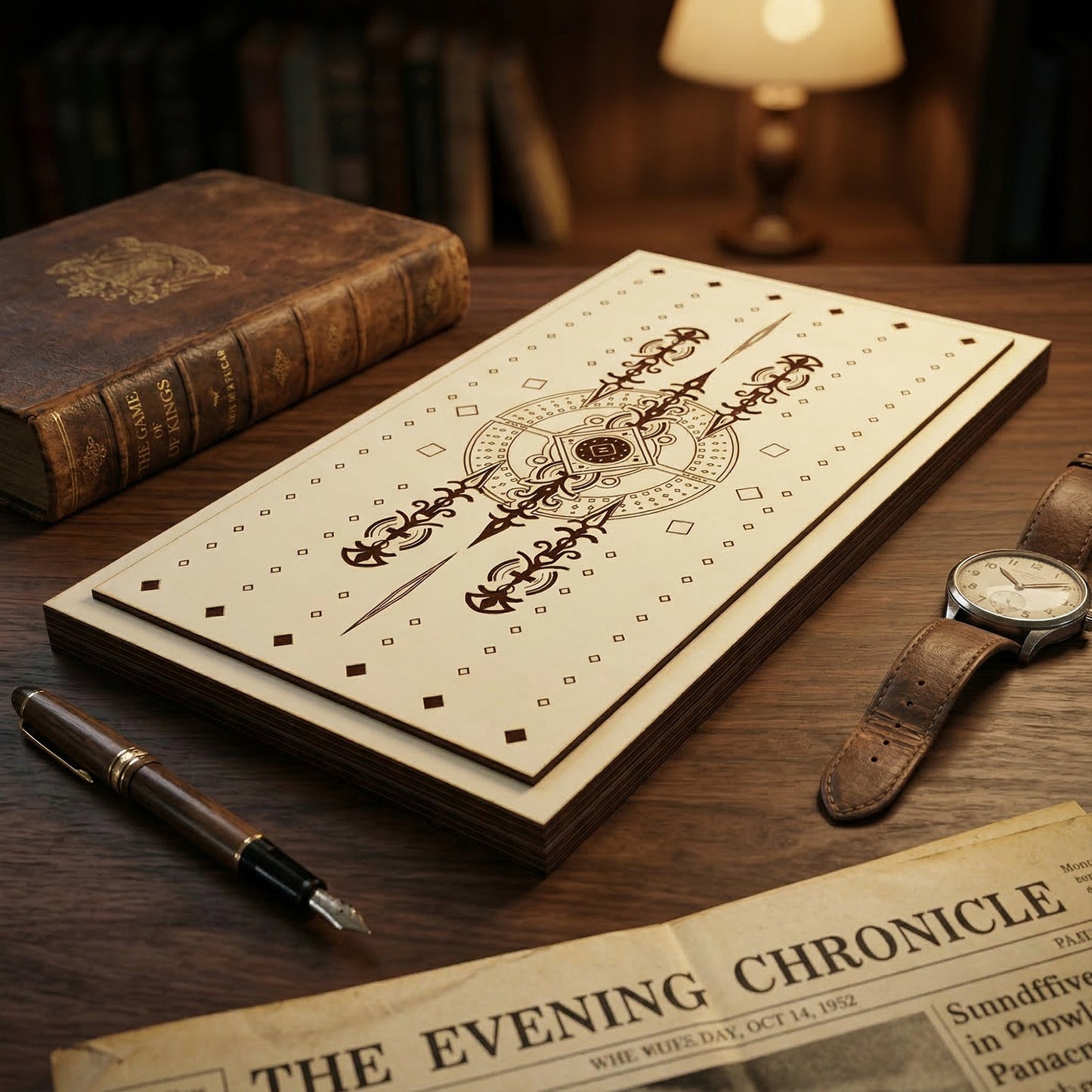 Closed view of the backgammon case made from laser cut plywood. The exterior features a detailed geometric and floral engraving. Posed on a wooden desk alongside a vintage watch, fountain pen, and newspaper.
