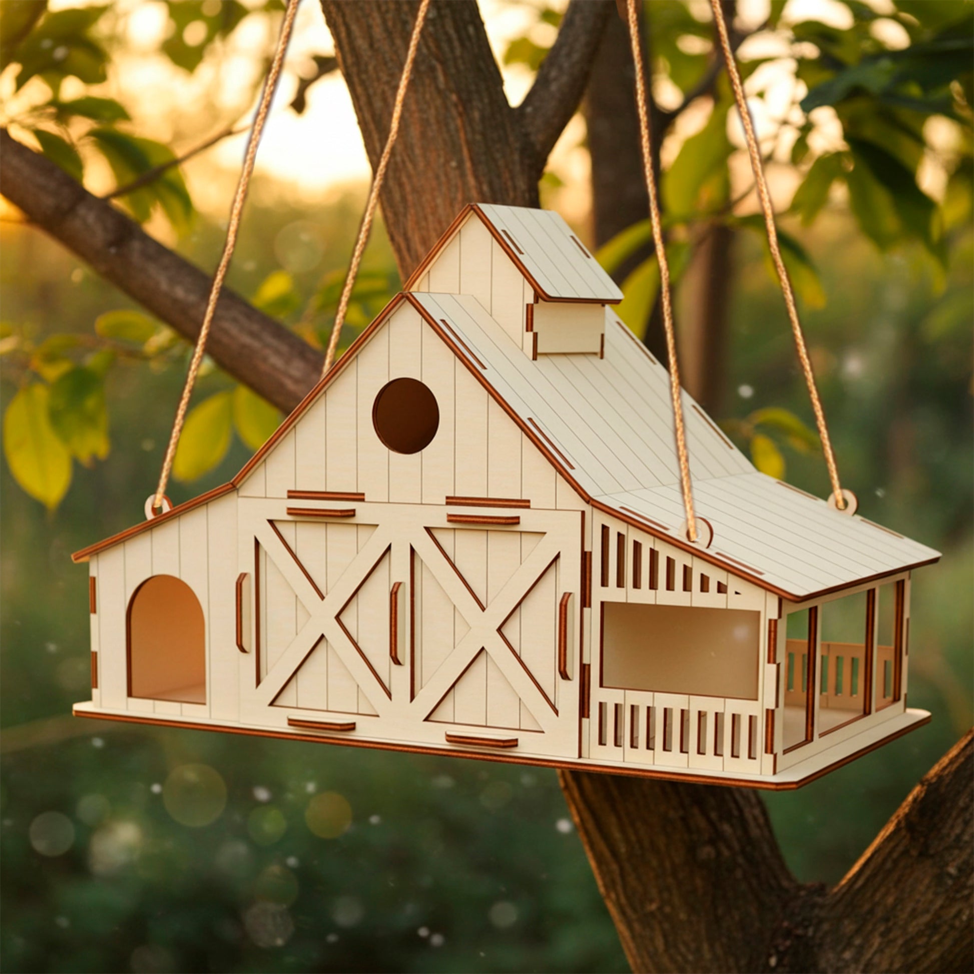 Laser cut plywood wooden bird feeder shaped like a rustic barn, hanging on a tree branch in warm outdoor sunlight, with natural greenery and soft bokeh in the background.