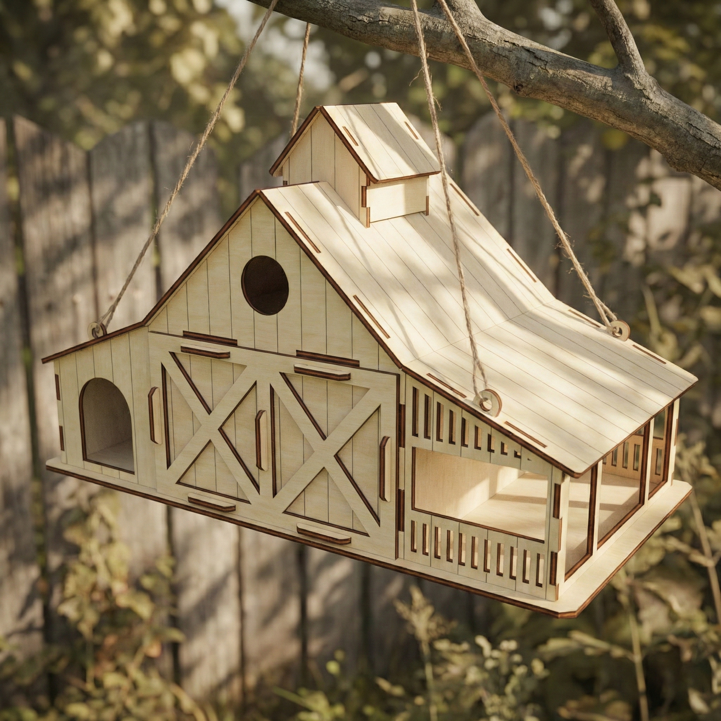 Wooden laser cut birdhouse shaped like a barn hanging from a tree branch.