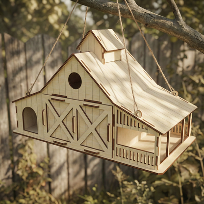 Wooden laser cut birdhouse shaped like a barn hanging from a tree branch.