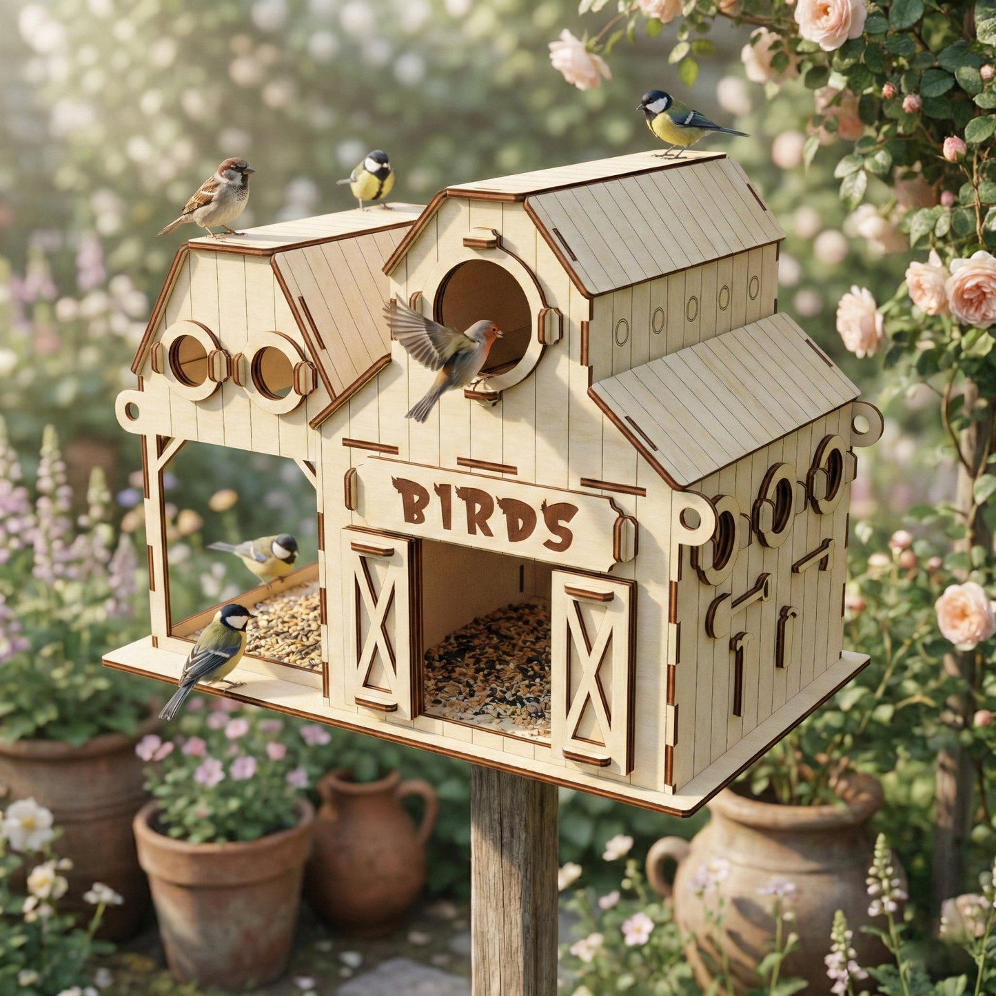 Wooden ;aser cut birdhouse with birds perched on it in a garden setting