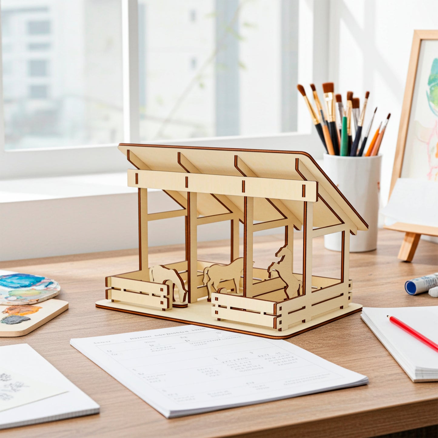 Laser cut plywood wooden barn or stable model featuring a slanted roof and two stalls with silhouette cutouts of horses. The assembled model rests on a desk next to art supplies, brushes, and a window with daylight streaming in.
