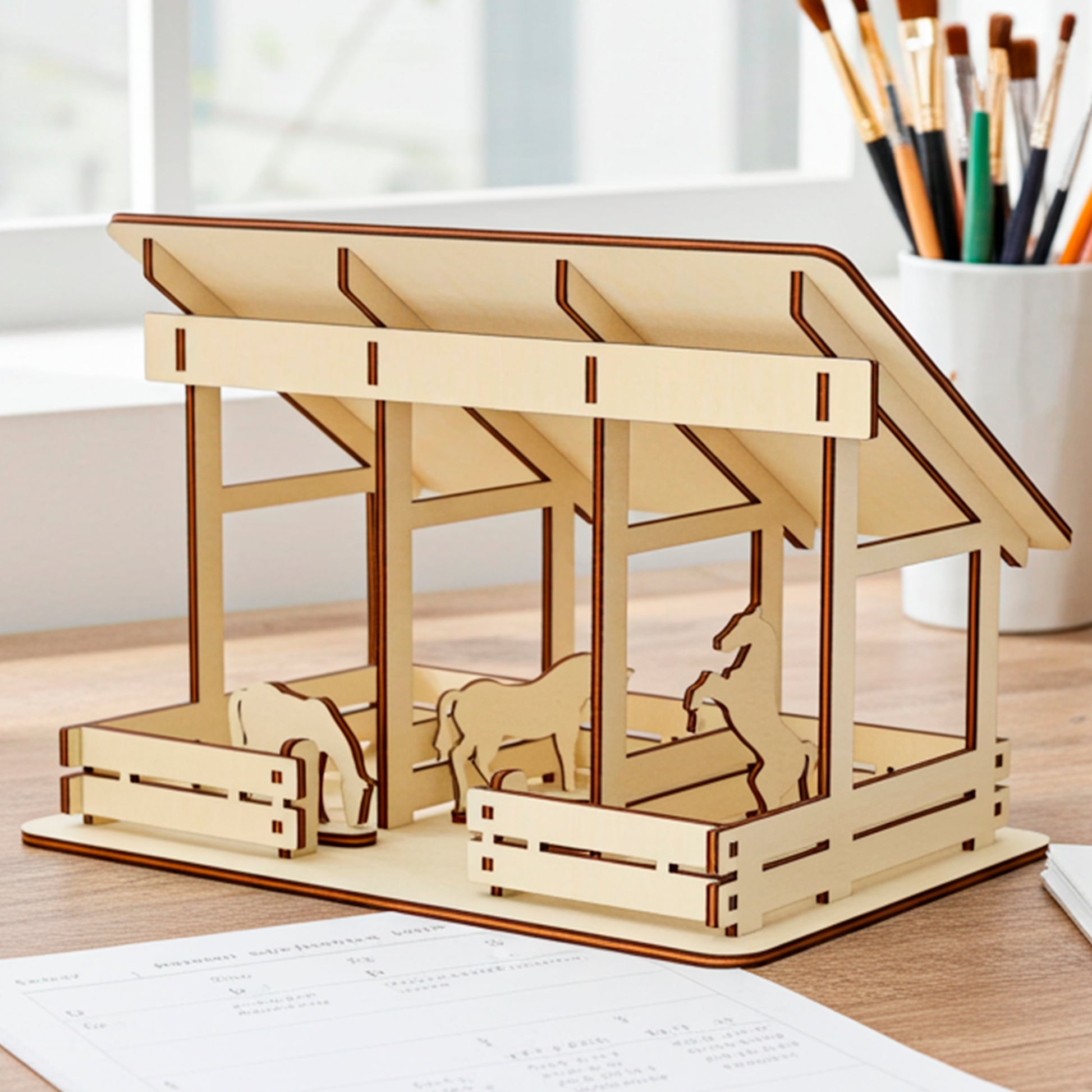 Laser cut plywood wooden barn or stable model featuring a slanted roof and two stalls with silhouette cutouts of horses. The assembled model rests on a desk next to art supplies, brushes, and a window with daylight streaming in.