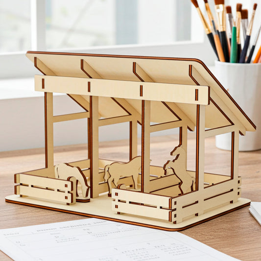 Laser cut plywood wooden barn or stable model featuring a slanted roof and two stalls with silhouette cutouts of horses. The assembled model rests on a desk next to art supplies, brushes, and a window with daylight streaming in.