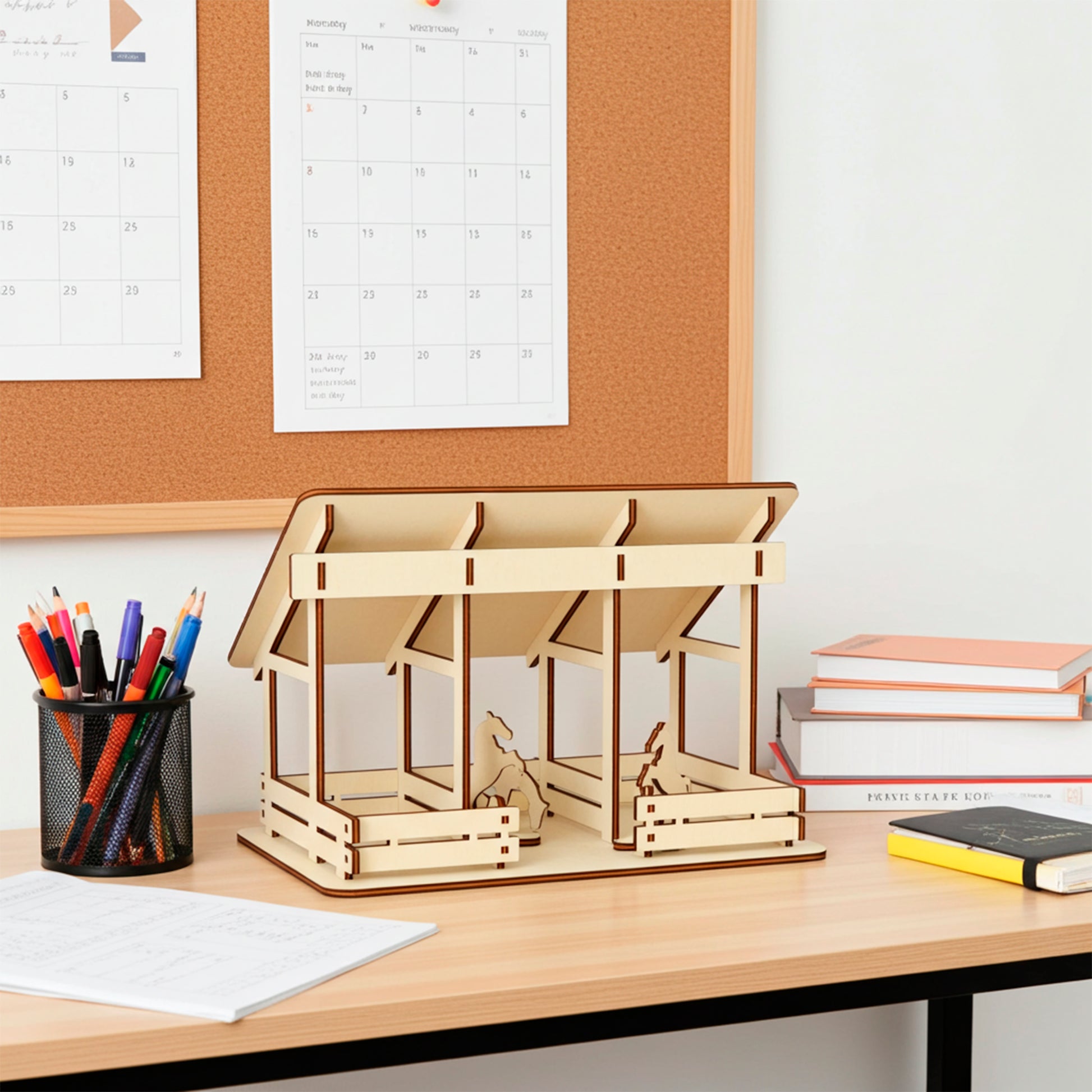 Laser cut plywood wooden barn or stable model featuring a slanted roof and two stalls with silhouette cutouts of horses. The assembled model rests on a desk next to art supplies, brushes, and a window with daylight streaming in.