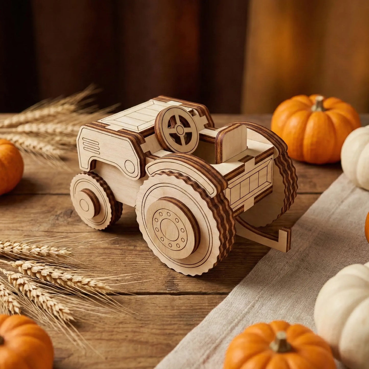 Toy tractor made of laser cut plywood staged on a rustic wooden table surrounded by small pumpkins and wheat ears.