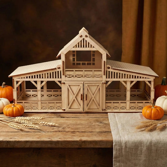 Straight front view of an assembled laser cut plywood farm barn craft toy on a counter with decorative orange squash.